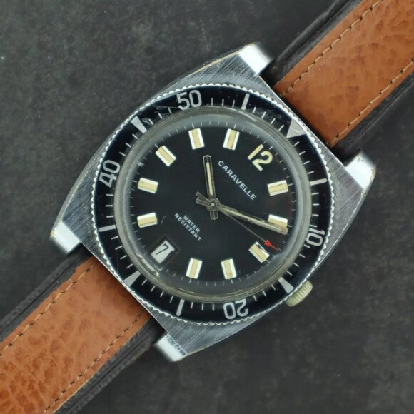 Vintage Caravelle Diver 17 Jewel Men's Manual Wind Wristwatch 11UECD w Date Runs - Picture 1 of 5